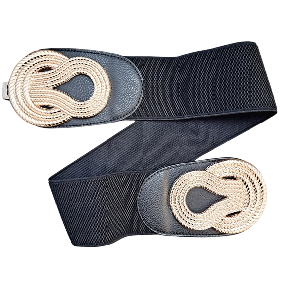 Boho Corset Black wide waist elastic stretch metal gold swirl buckle dress belt - Picture 4 of 9